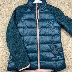 Michael Kors Girls Size 10/12 Blue Puffer Jacket Coat Full Zip Pink Accent Youth